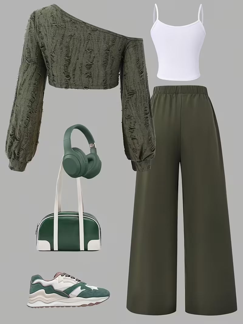 Women's Olive Green Textured One-Shoulder Crop Top & Wide-Leg Pants 3-Piece Co-Ord Set