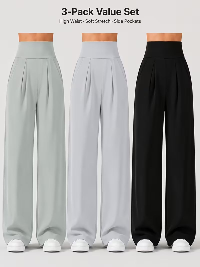 Pack of 3 Comfortable Wide-Leg Pants – Sage Green, White &amp; Black