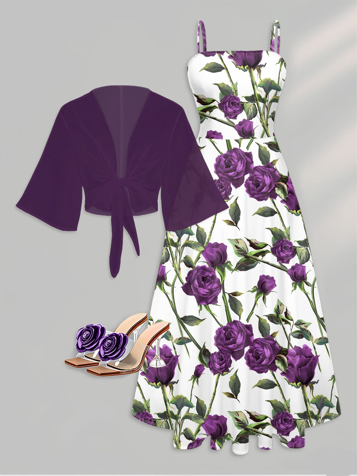 Purple Rose Print Cardigan Dress Set