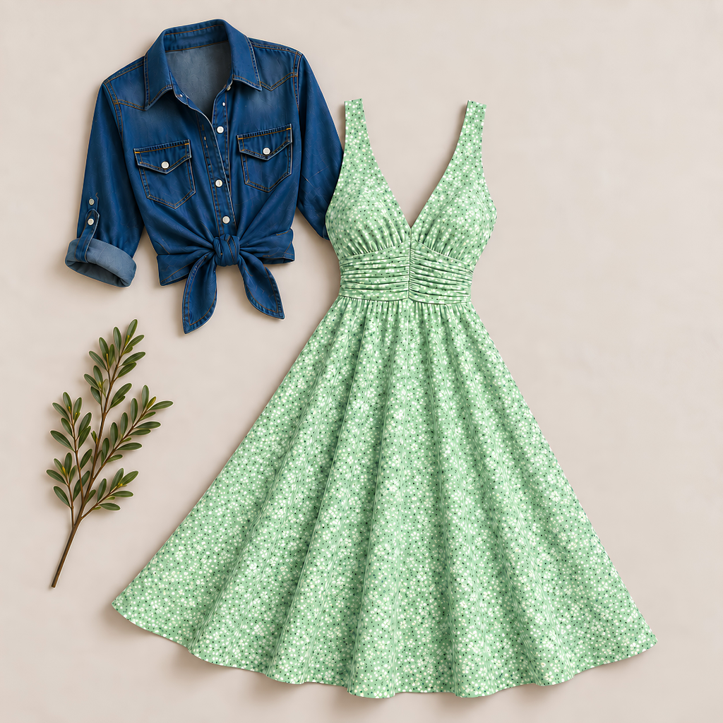 Women's Printed Dress with Denim Shirt Set