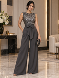 Sleeveless Sparkle Top with High-Waist Bow Wide-Leg Pants