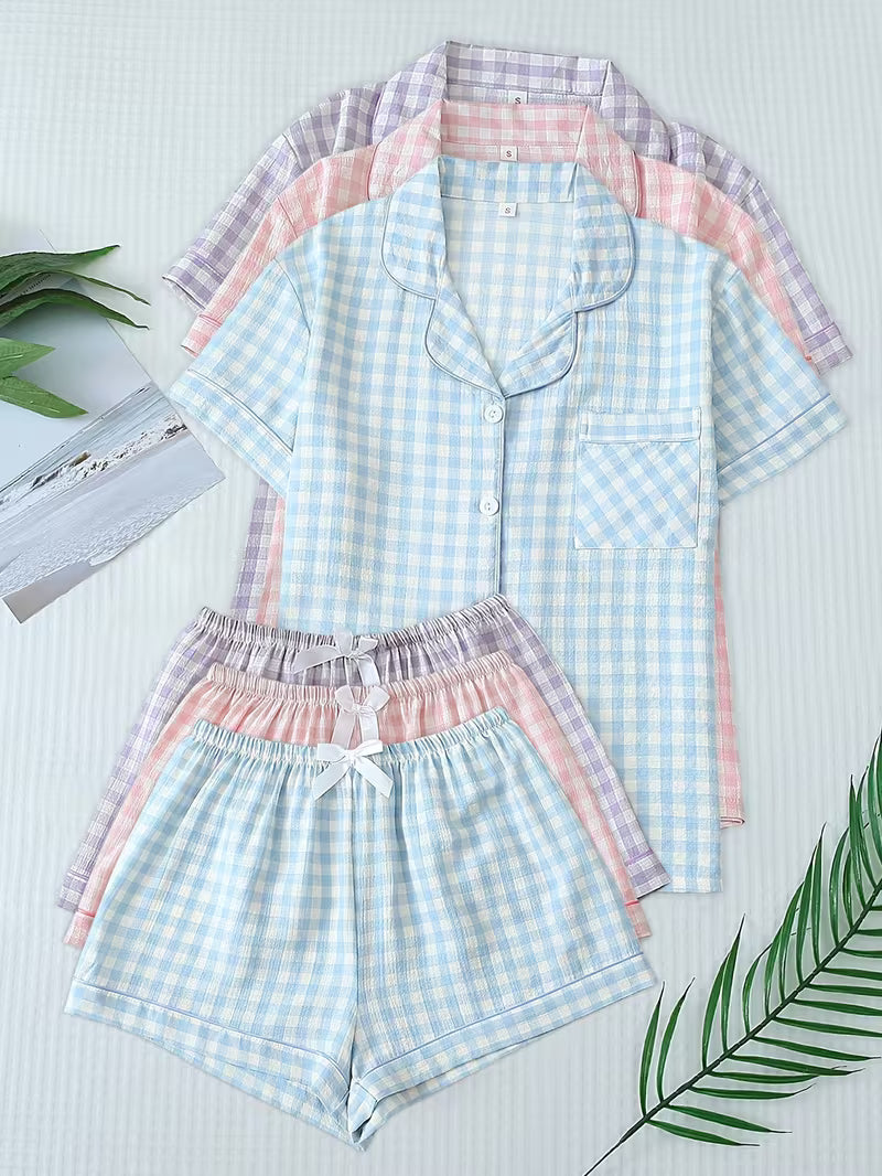 Women's Set of 3 Plaid Check Pajama Sets – Short Sleeve Button-Up Sleepwear