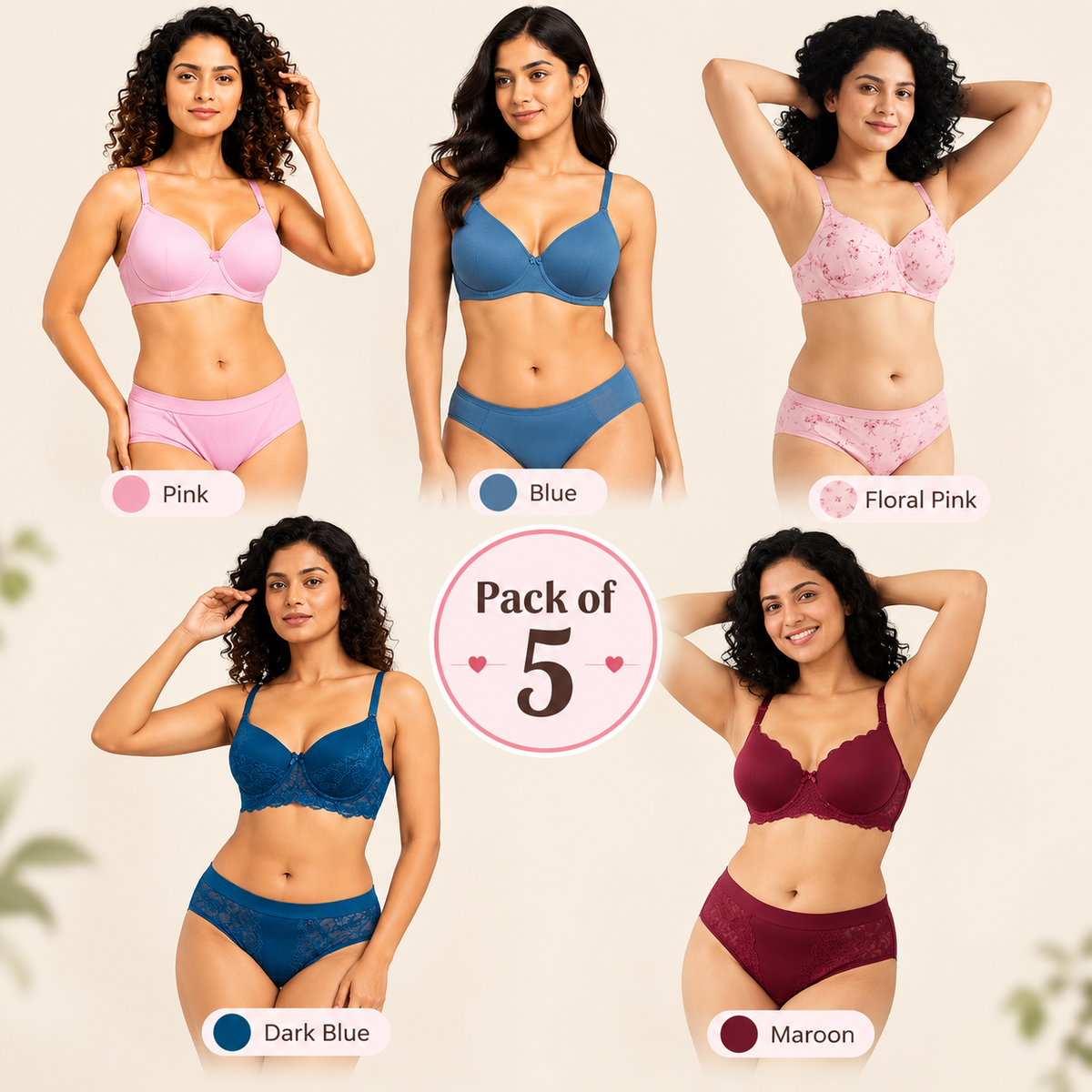 Pack of 5 Women's Lace Bra & Panty Sets