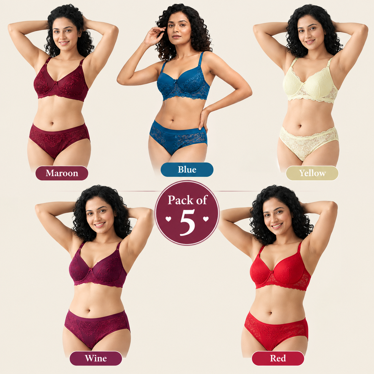 Pack of 5 Women's Lace Bra & Panty Sets