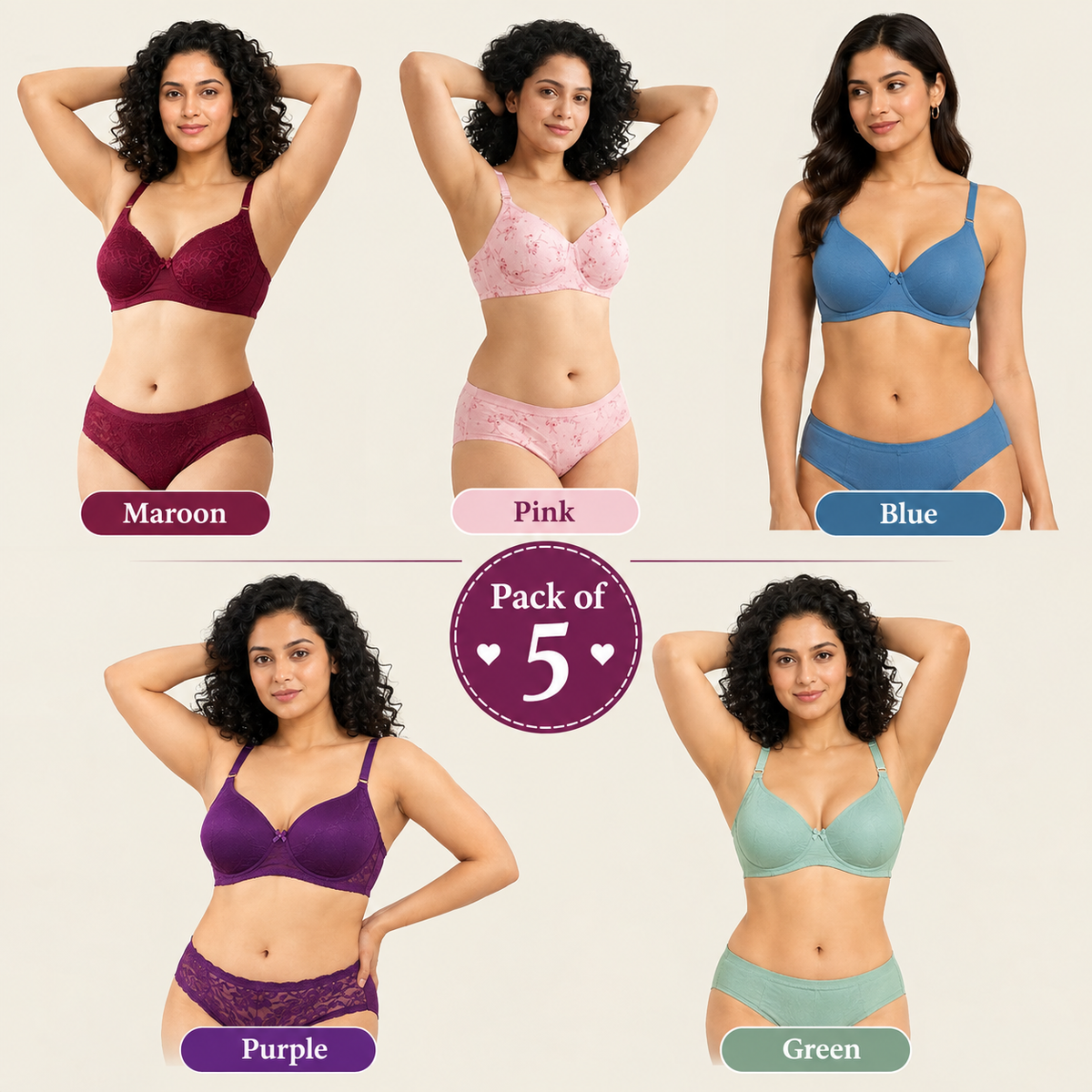 Pack of 5 Women's Lace Bra & Panty Sets
