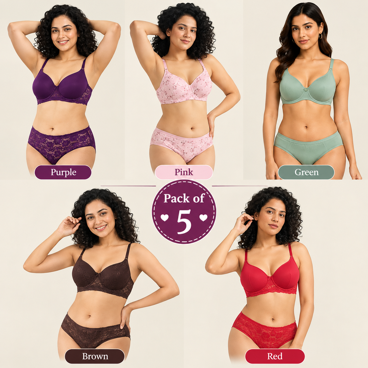 Pack of 5 Women's Lace Bra & Panty Sets