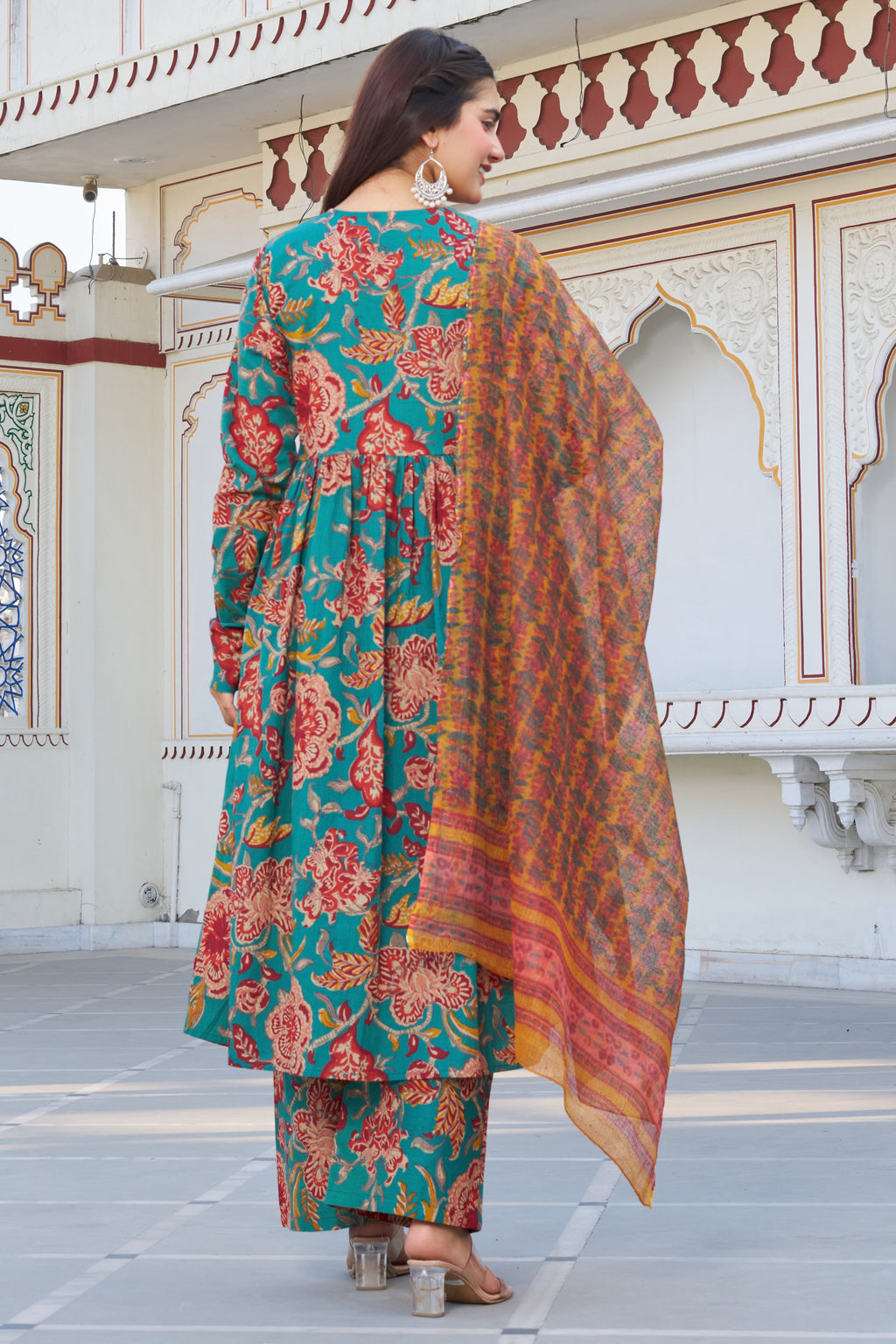 Teal Green Floral Printed Anarkali Kurta Set with Contrast Dupatta – Elegant Ethnic Wear