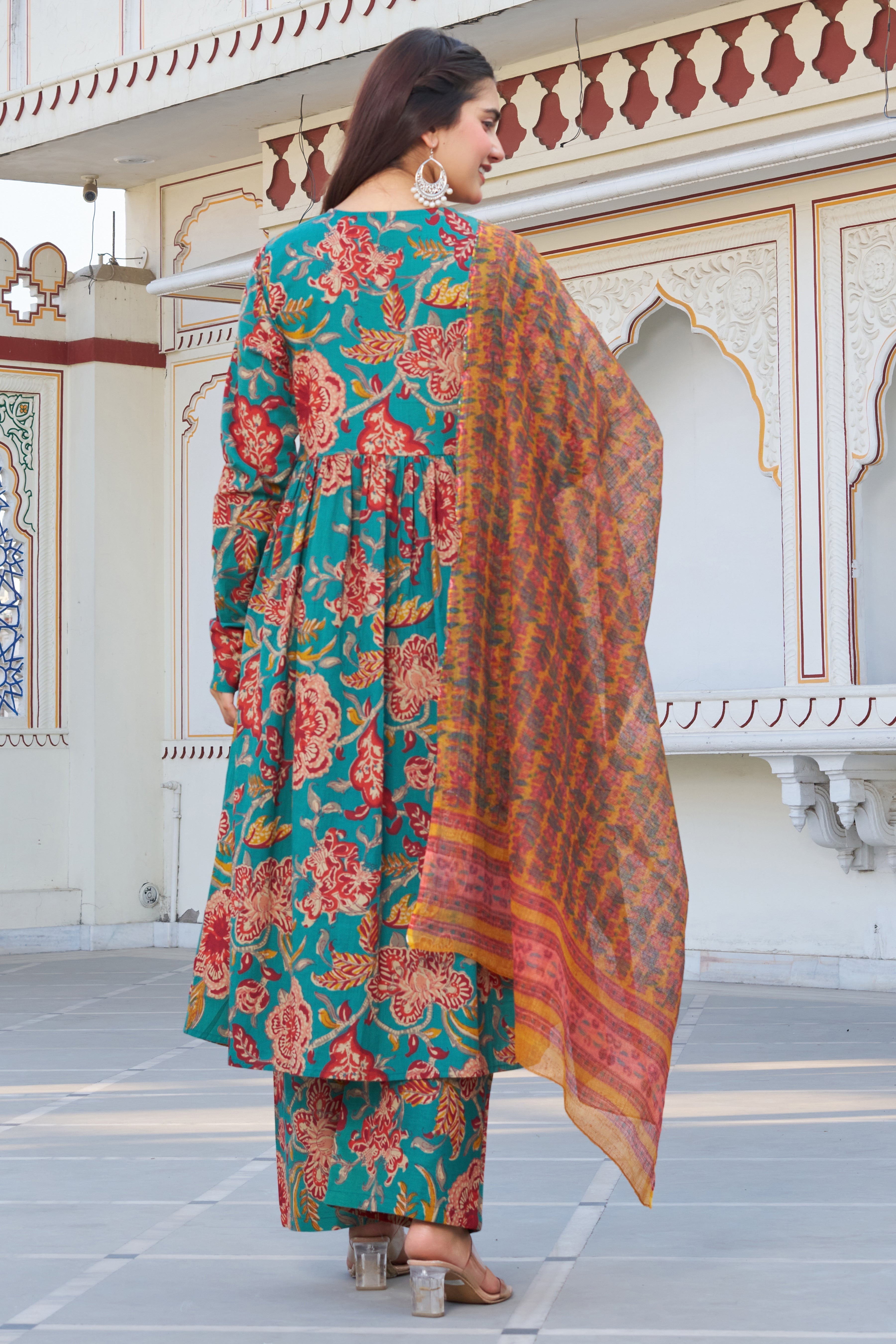 Teal Green Floral Printed Anarkali Kurta Set with Contrast Dupatta – Elegant Ethnic Wear