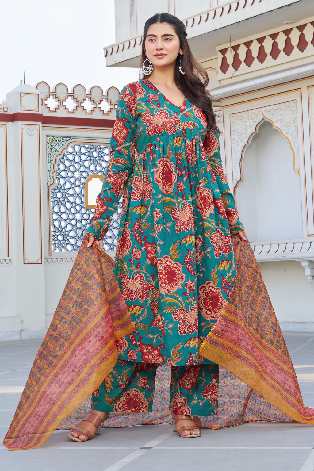 Teal Green Floral Printed Anarkali Kurta Set with Contrast Dupatta – Elegant Ethnic Wear