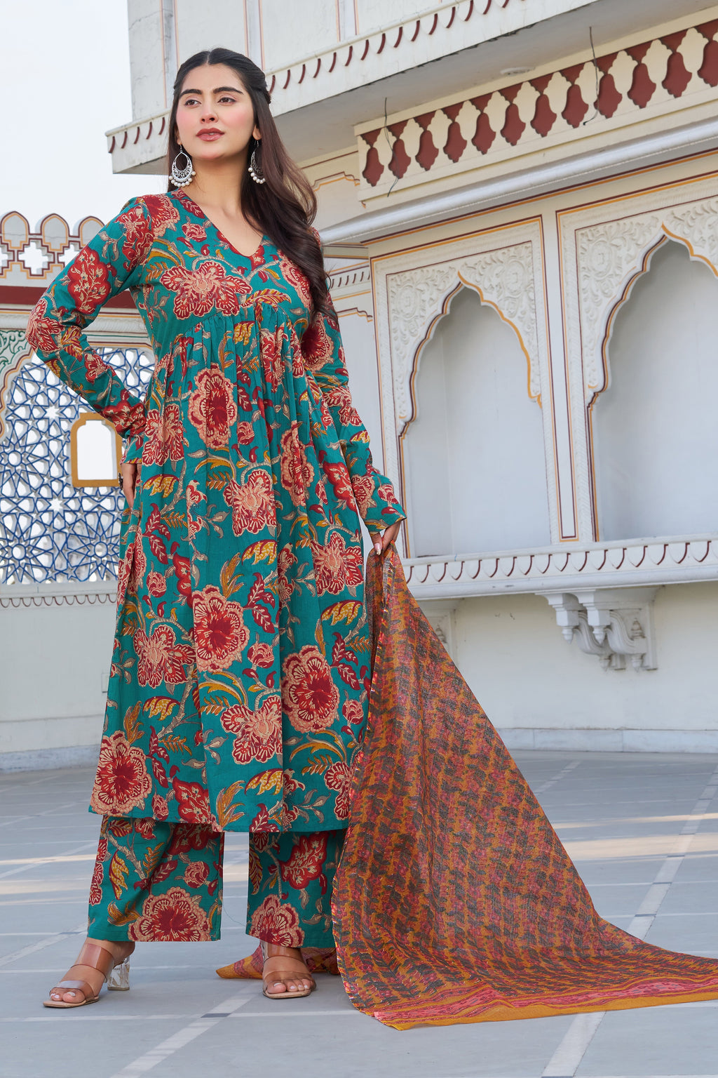 Teal Green Floral Printed Anarkali Kurta Set with Contrast Dupatta – Elegant Ethnic Wear