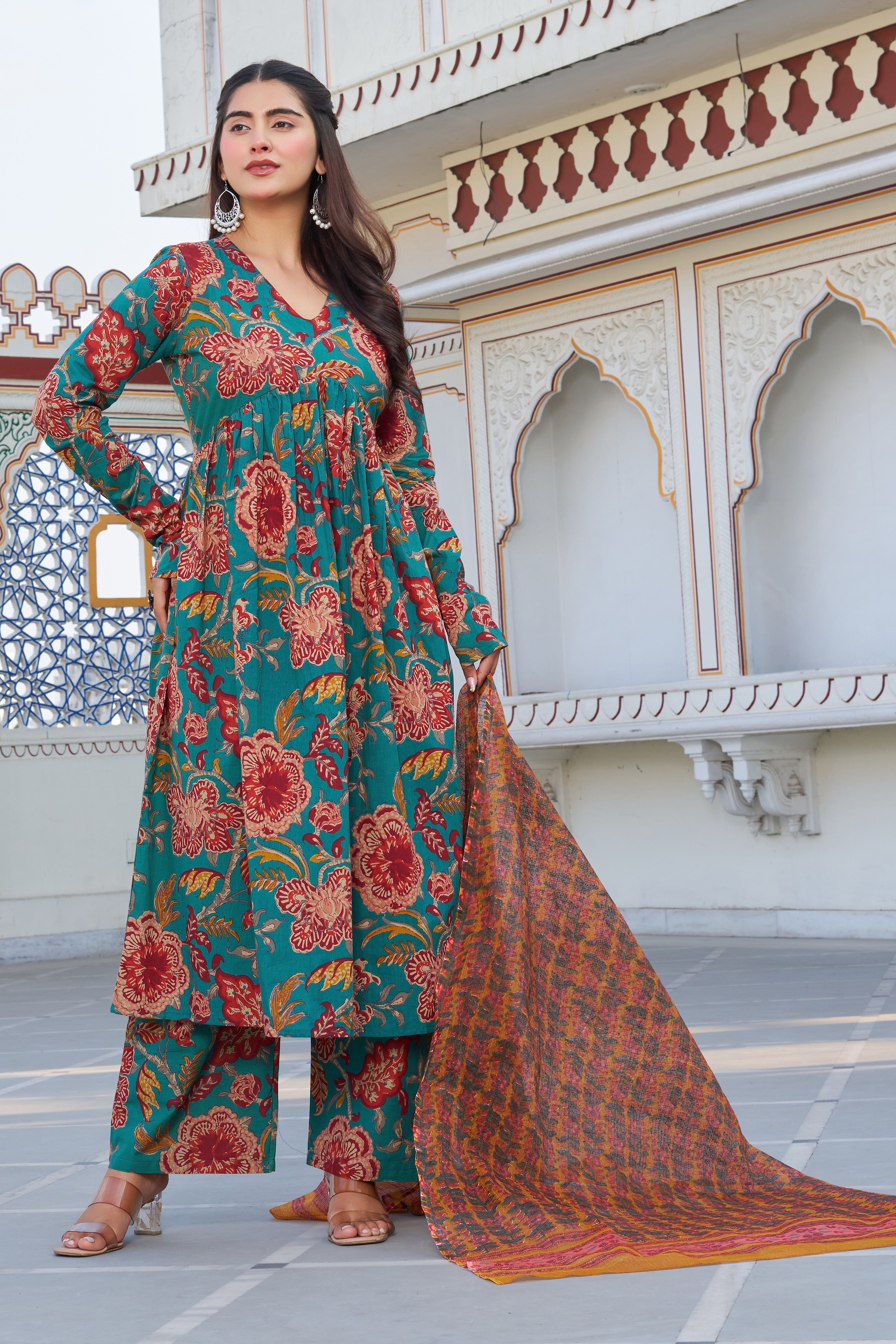 Teal Green Floral Printed Anarkali Kurta Set with Contrast Dupatta – Elegant Ethnic Wear