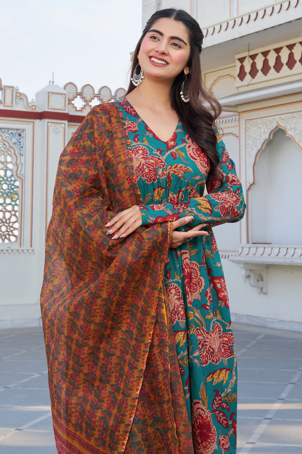 Teal Green Floral Printed Anarkali Kurta Set with Contrast Dupatta – Elegant Ethnic Wear