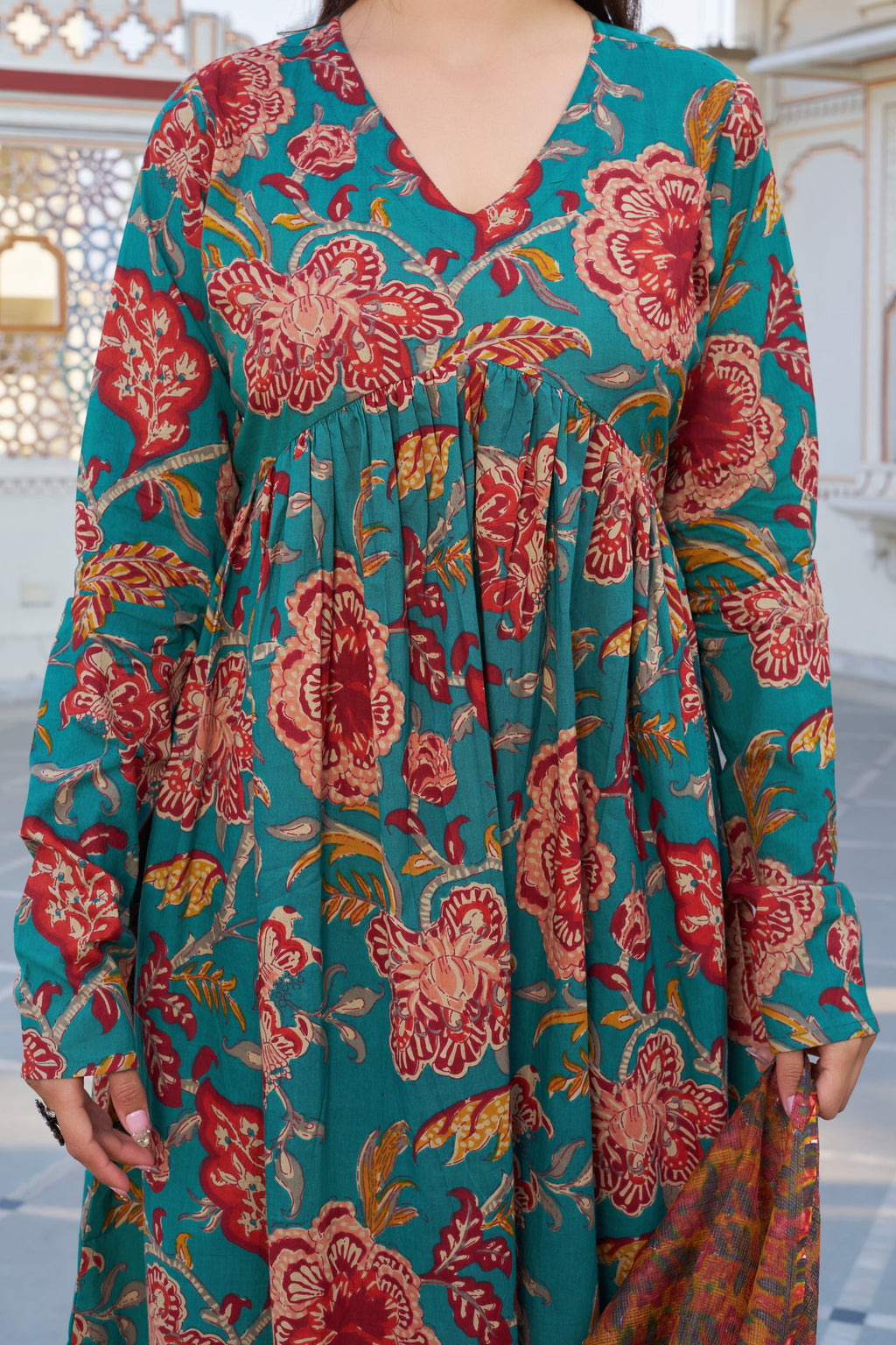 Teal Green Floral Printed Anarkali Kurta Set with Contrast Dupatta – Elegant Ethnic Wear