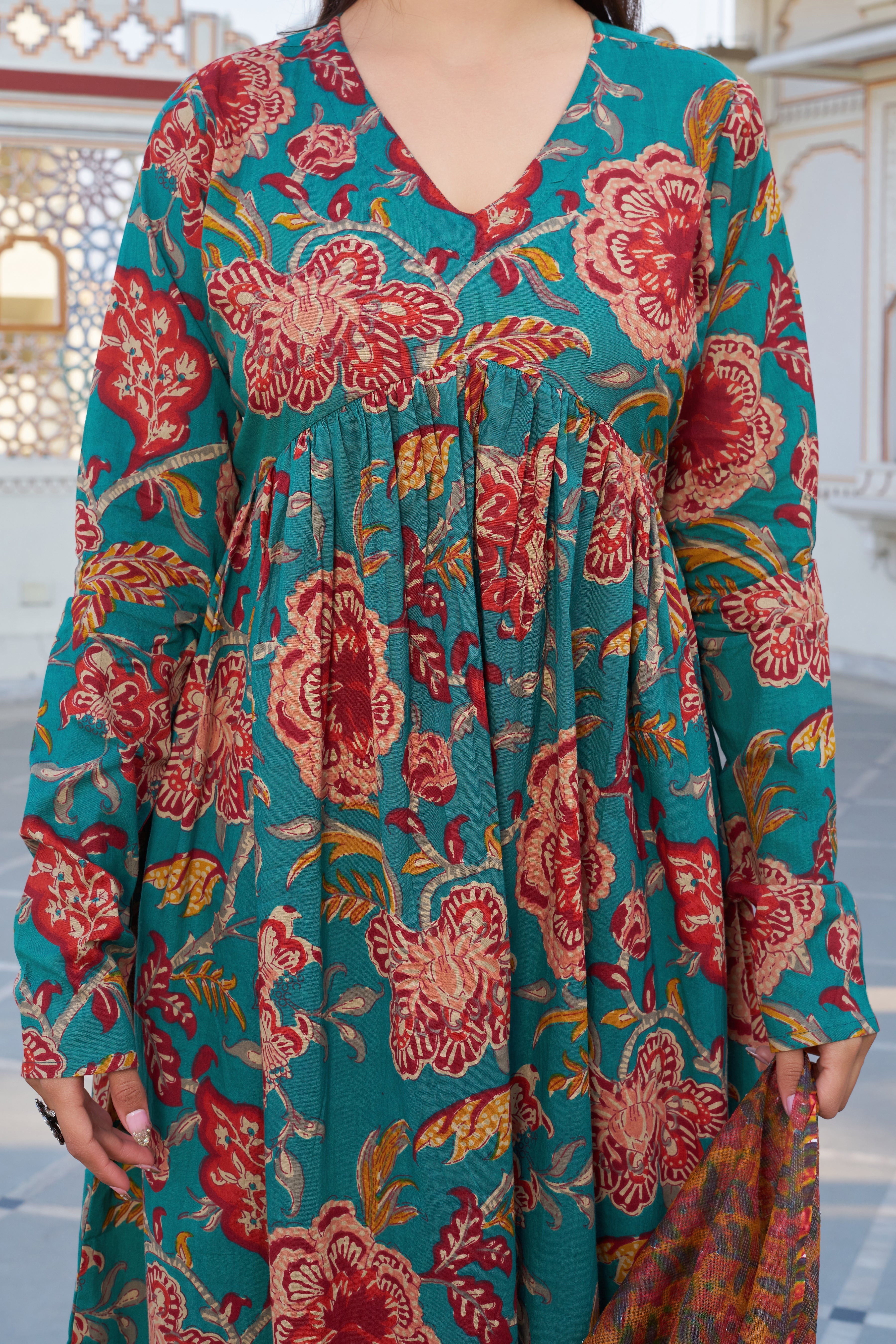 Teal Green Floral Printed Anarkali Kurta Set with Contrast Dupatta – Elegant Ethnic Wear
