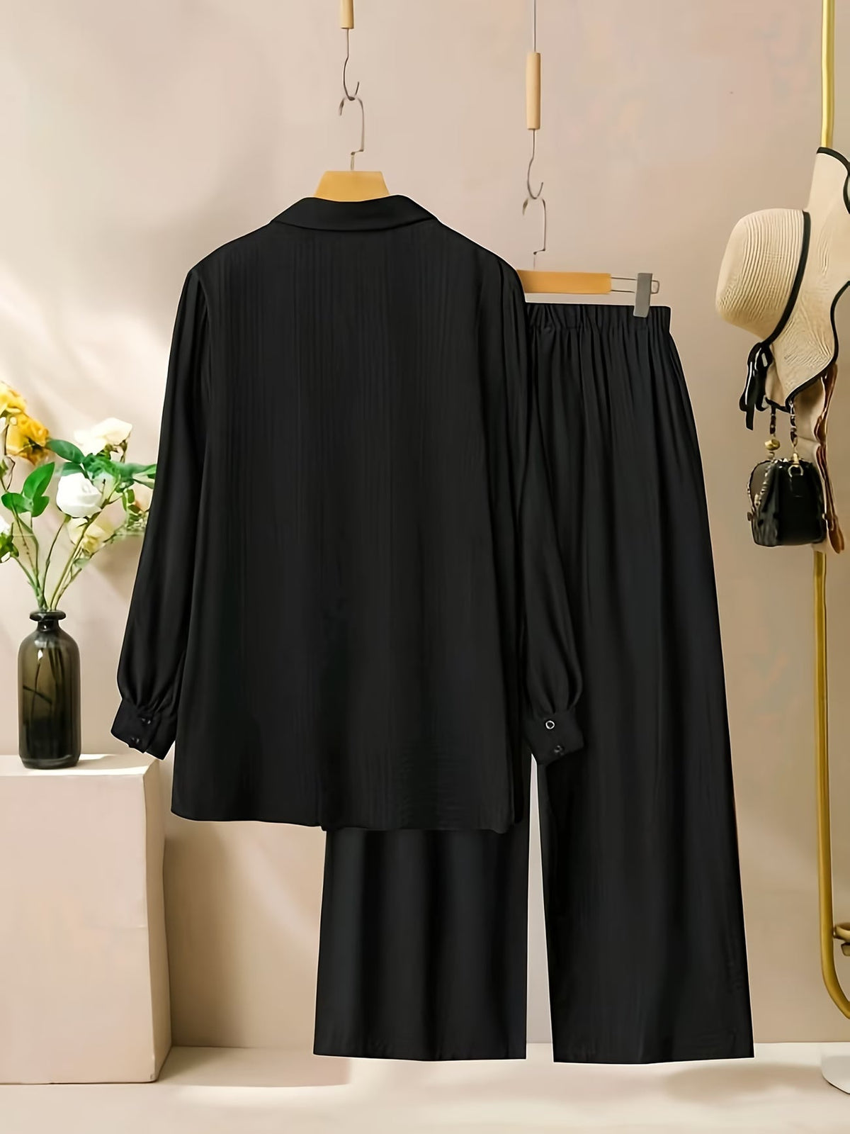 Women's Solid Button-Down Shirt & Pant Set