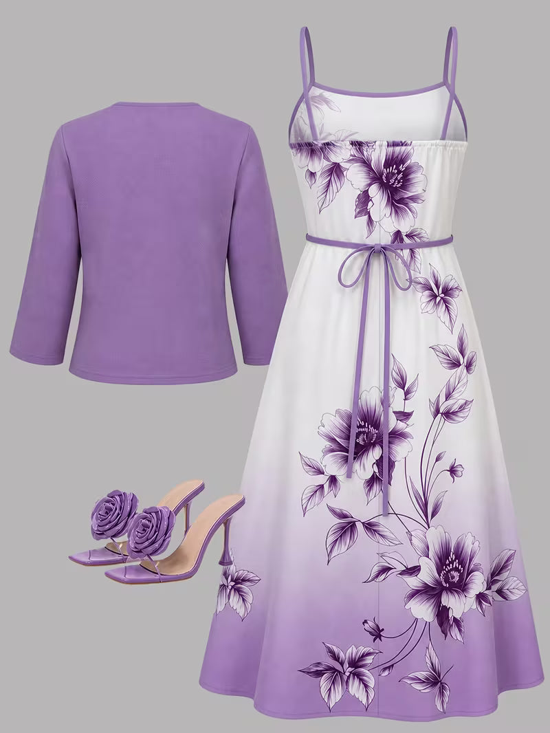 Elegant Women's Vintage Artistic Floral Print Dress Set