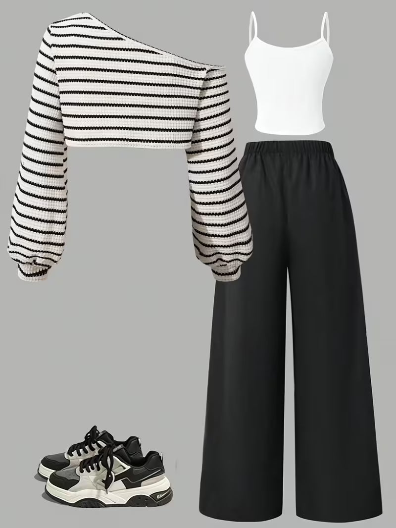 Women's Black & White Striped Co-Ord Set with Wide-Leg Pants