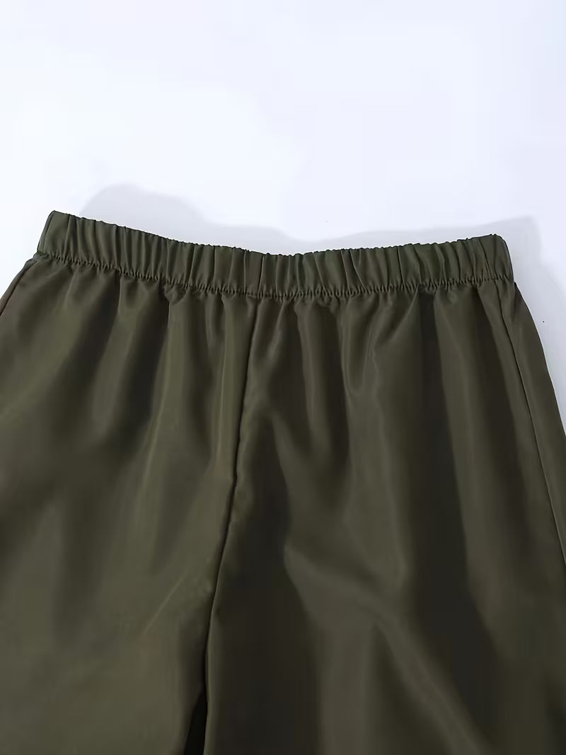 Women's Olive Green Textured One-Shoulder Crop Top & Wide-Leg Pants 3-Piece Co-Ord Set