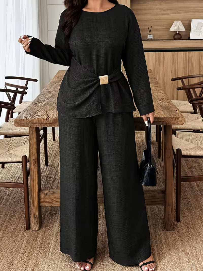 Women's Premium Textured Top & Wide Leg Pants Set