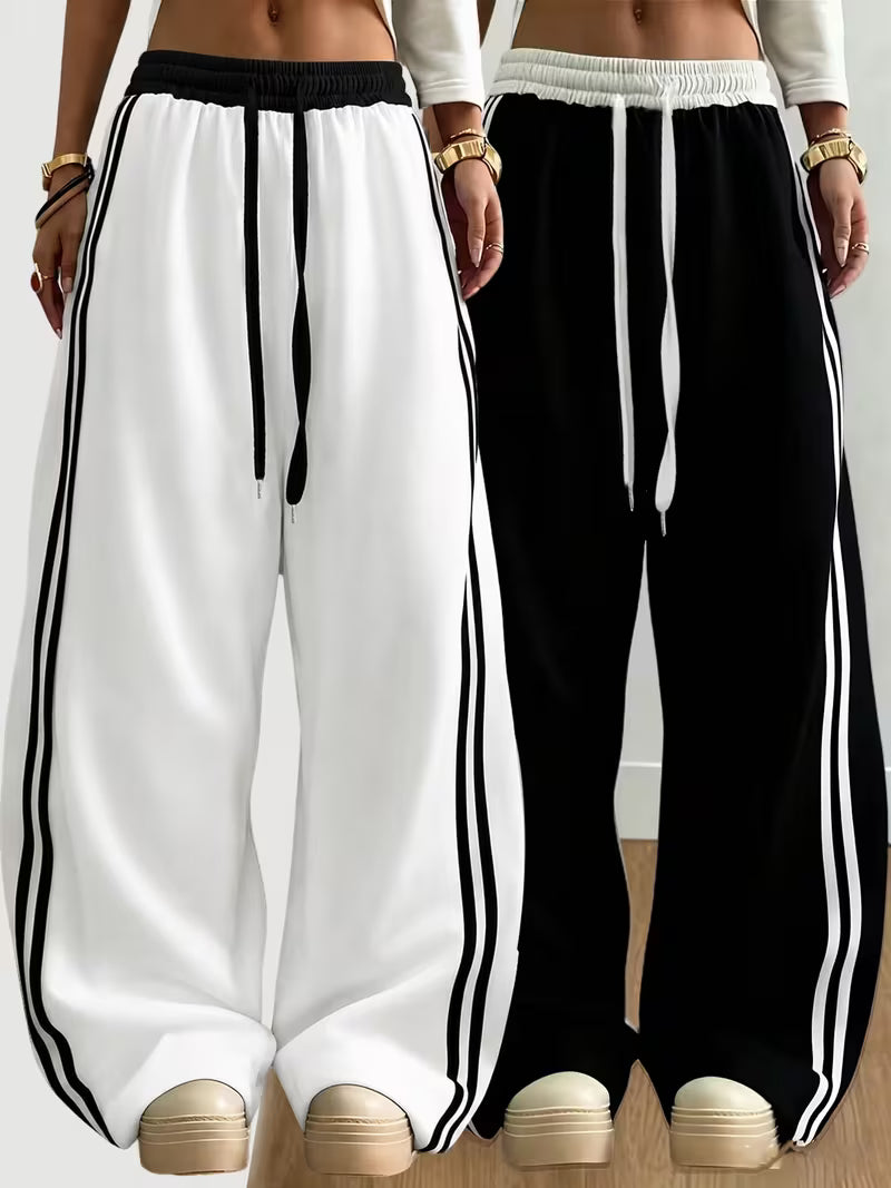 Women’s Contrast Stripe Wide-Leg Jogger Pants – Pack of 2
