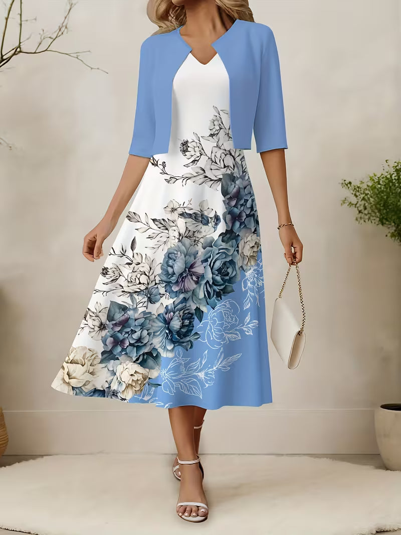Elegant Women's Vintage Artistic Floral Print Dress Set
