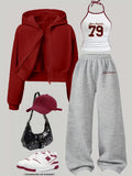 Women's Red Cropped Hoodie & Grey Wide-Leg Pants 3-Piece Co-Ord Set