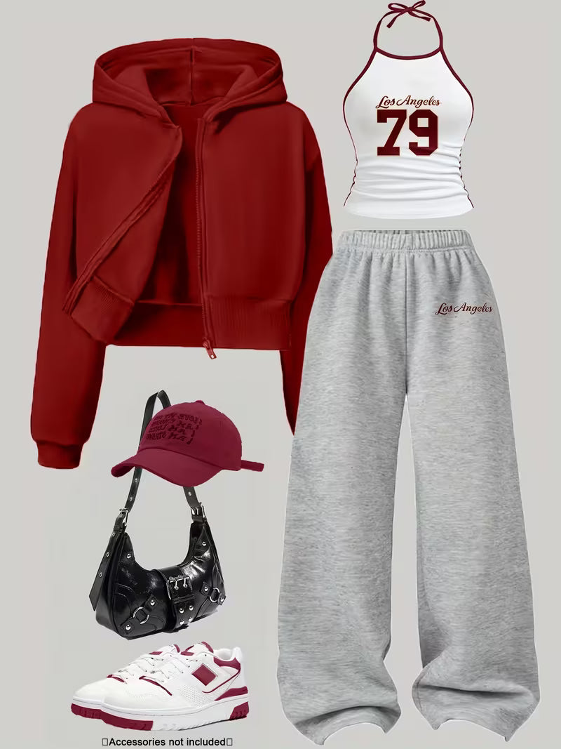 Women's Red Cropped Hoodie & Grey Wide-Leg Pants 3-Piece Co-Ord Set