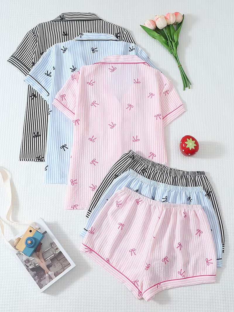 3-pack Women's Pajama Set with Striped Bow Short-Sleeve Top and Bow Shorts