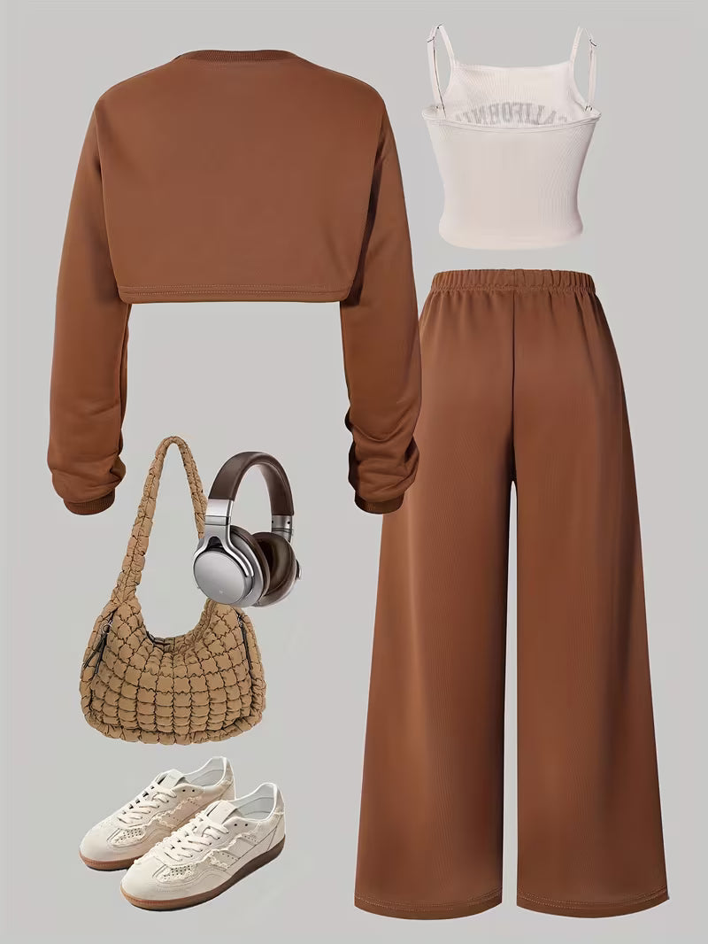 Women's Brown Crop Sweatshirt & Wide-Leg Pants 3-Piece Co-Ord Set