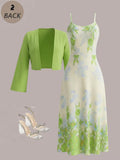 Fresh Green Floral Cardigan Dress Set