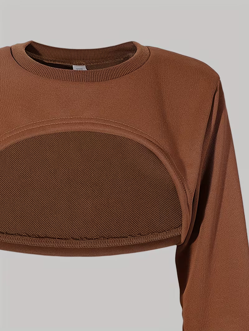 Women's Brown Crop Sweatshirt & Wide-Leg Pants 3-Piece Co-Ord Set