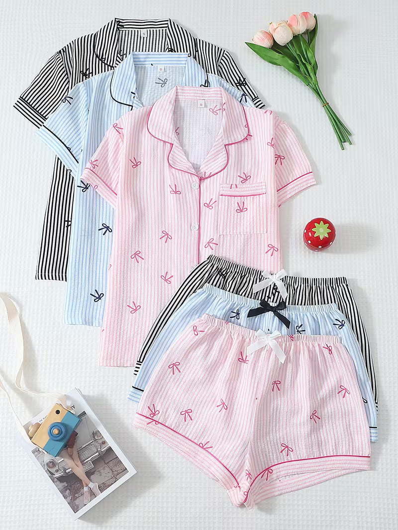 3-pack Women's Pajama Set with Striped Bow Short-Sleeve Top and Bow Shorts