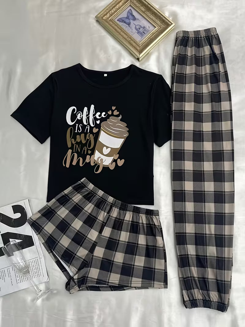 Women's 3-Piece Coffee Print Pajama Set – T-Shirt, Plaid Shorts & Lounge Pants