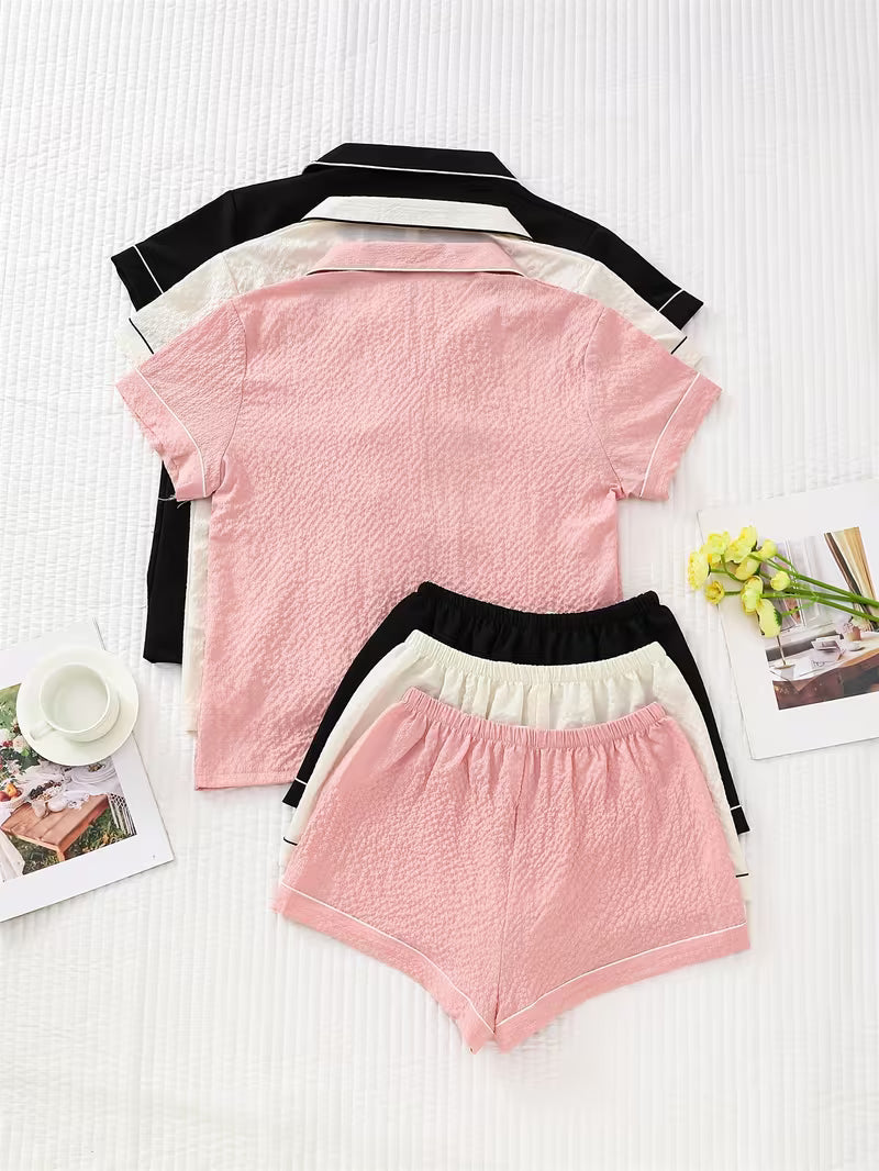Women's Set of 3 Solid Color Pajama Sets – Short Sleeve Button-Up Sleepwear