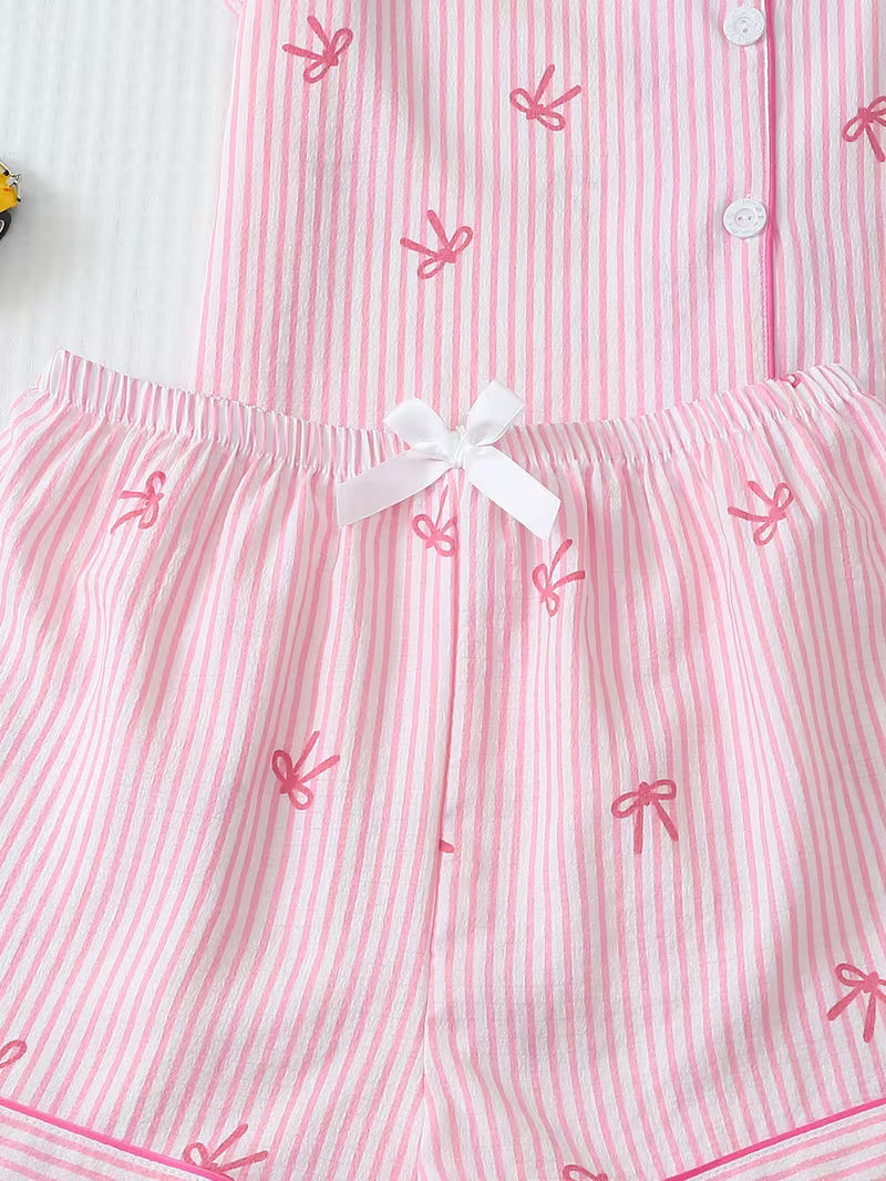 3-pack Women's Pajama Set with Striped Bow Short-Sleeve Top and Bow Shorts