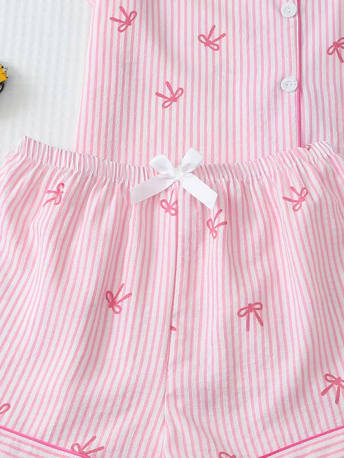 3-pack Women's Pajama Set with Striped Bow Short-Sleeve Top and Bow Shorts