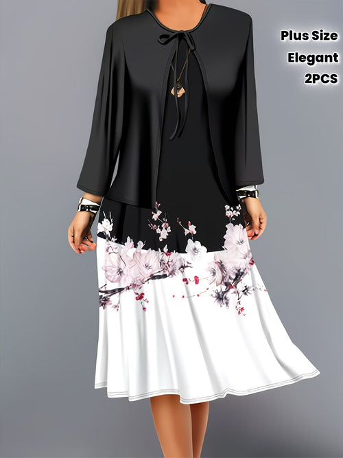 Blooming Grace Women's Floral Tie-Waist Dress with Matching Cardigan