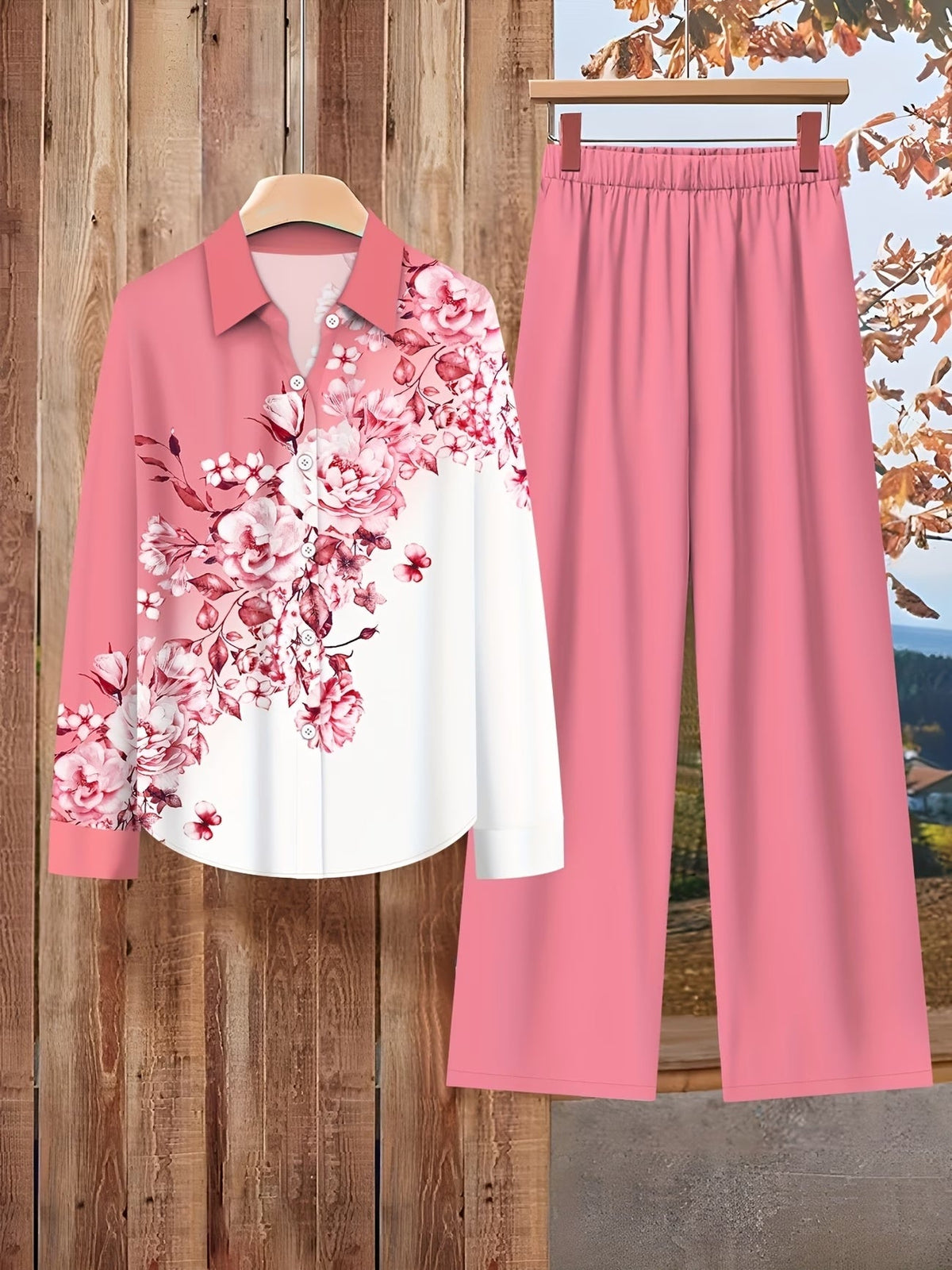 Women's Floral Color-Block Blouse &amp; Relaxed Trousers Co-Ord Set