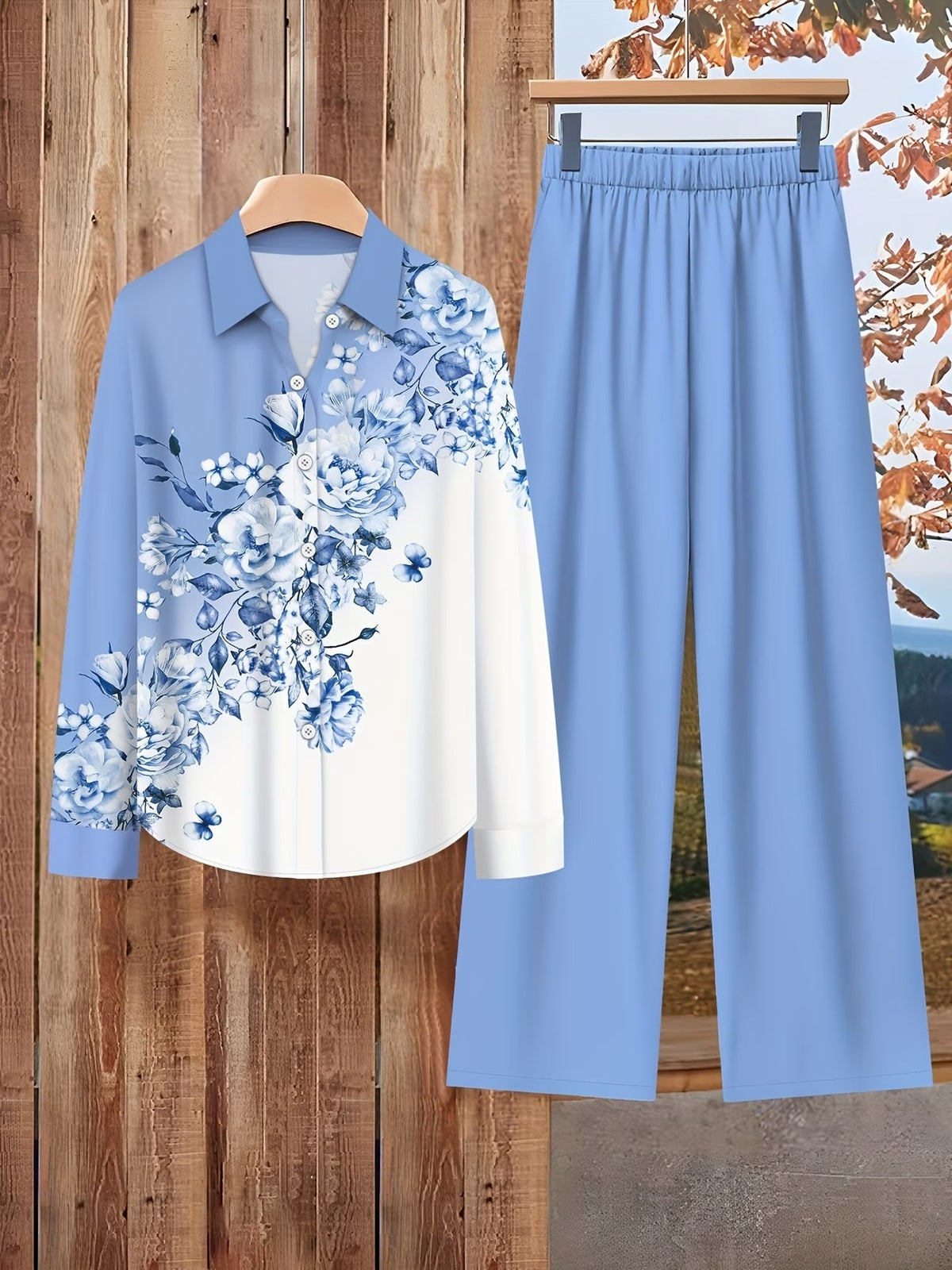 Women's Floral Color-Block Blouse &amp; Relaxed Trousers Co-Ord Set