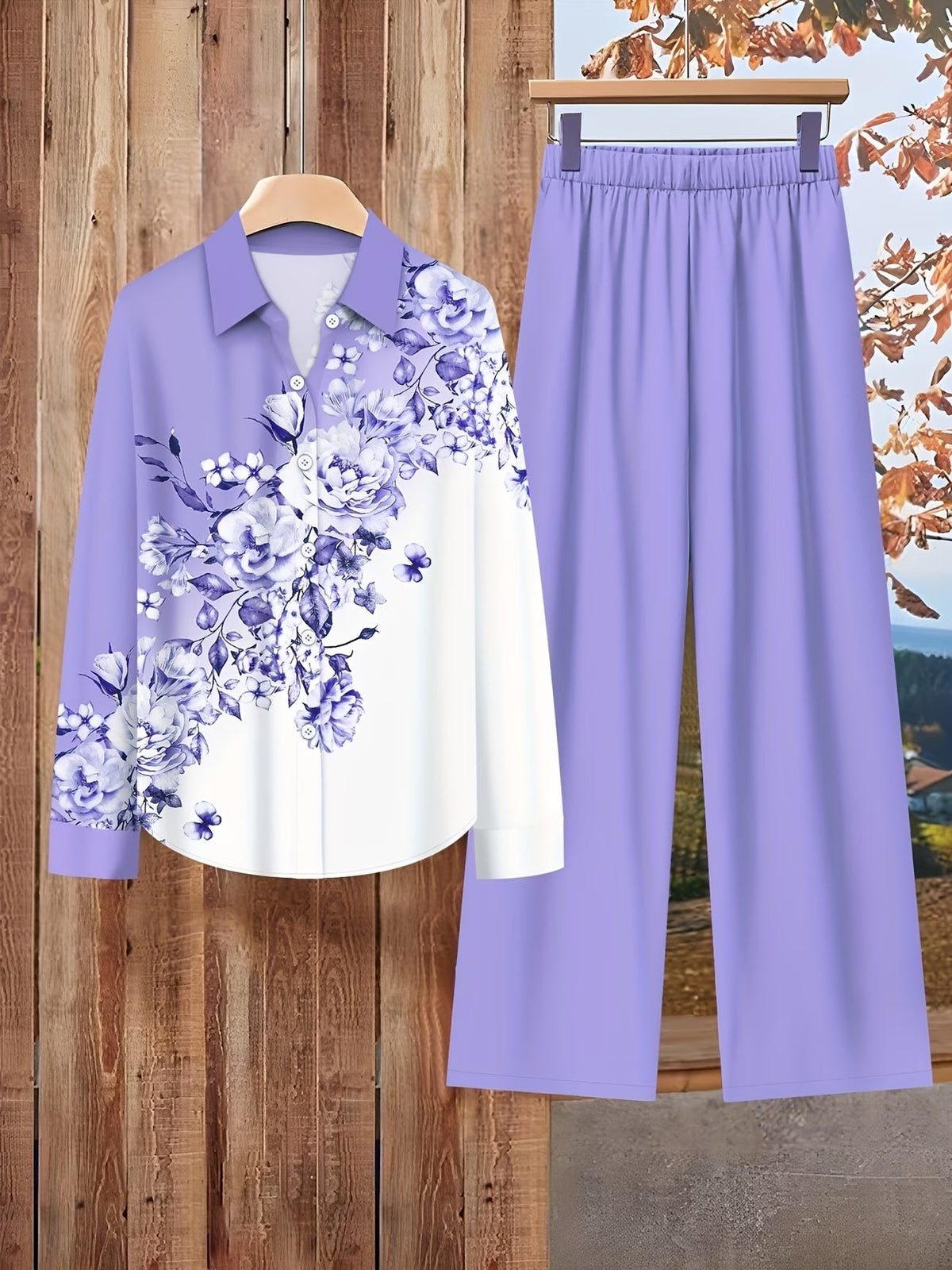 Women's Floral Color-Block Blouse &amp; Relaxed Trousers Co-Ord Set