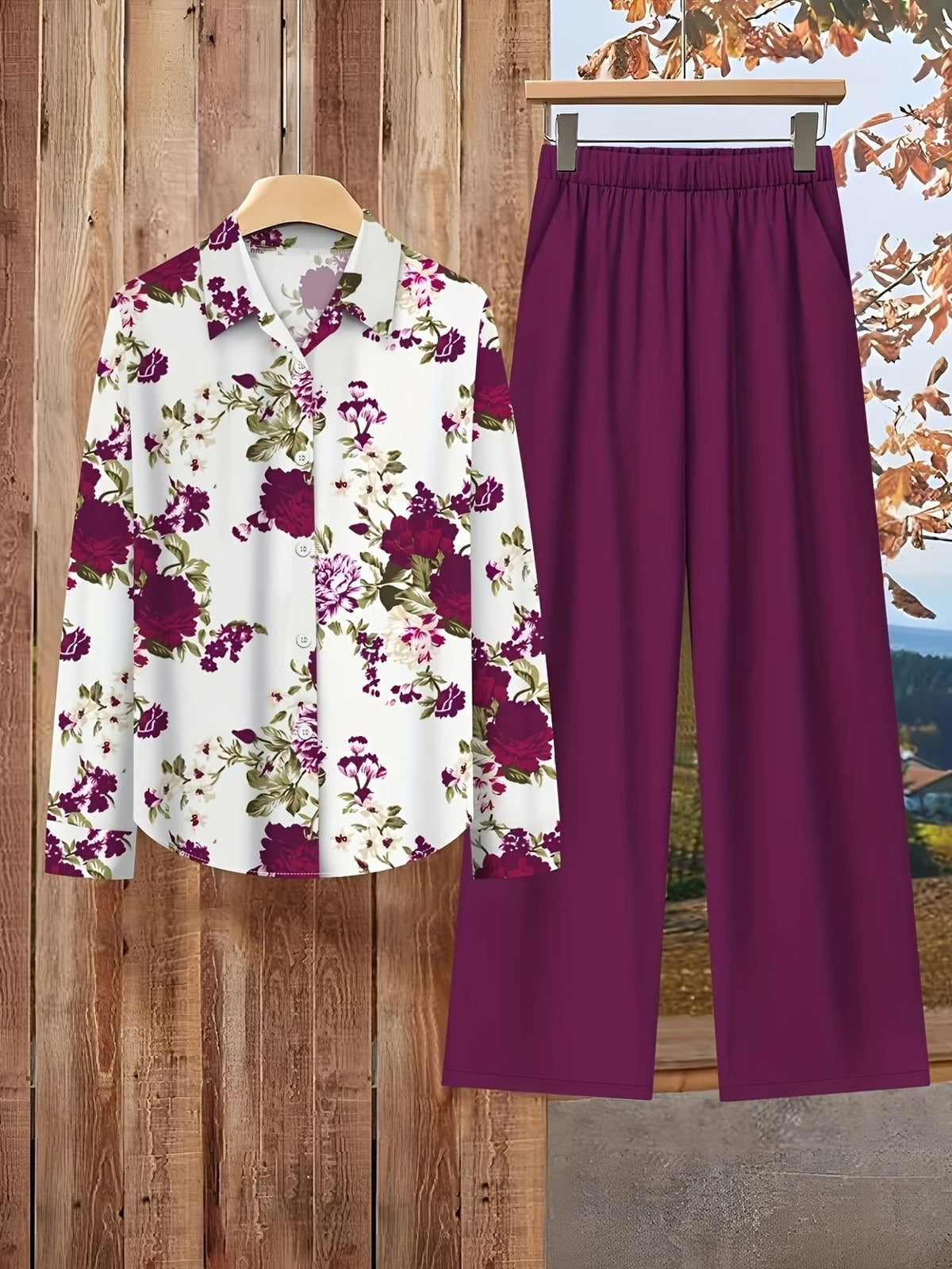 Women's Floral Color-Block Blouse &amp; Relaxed Trousers Co-Ord Set