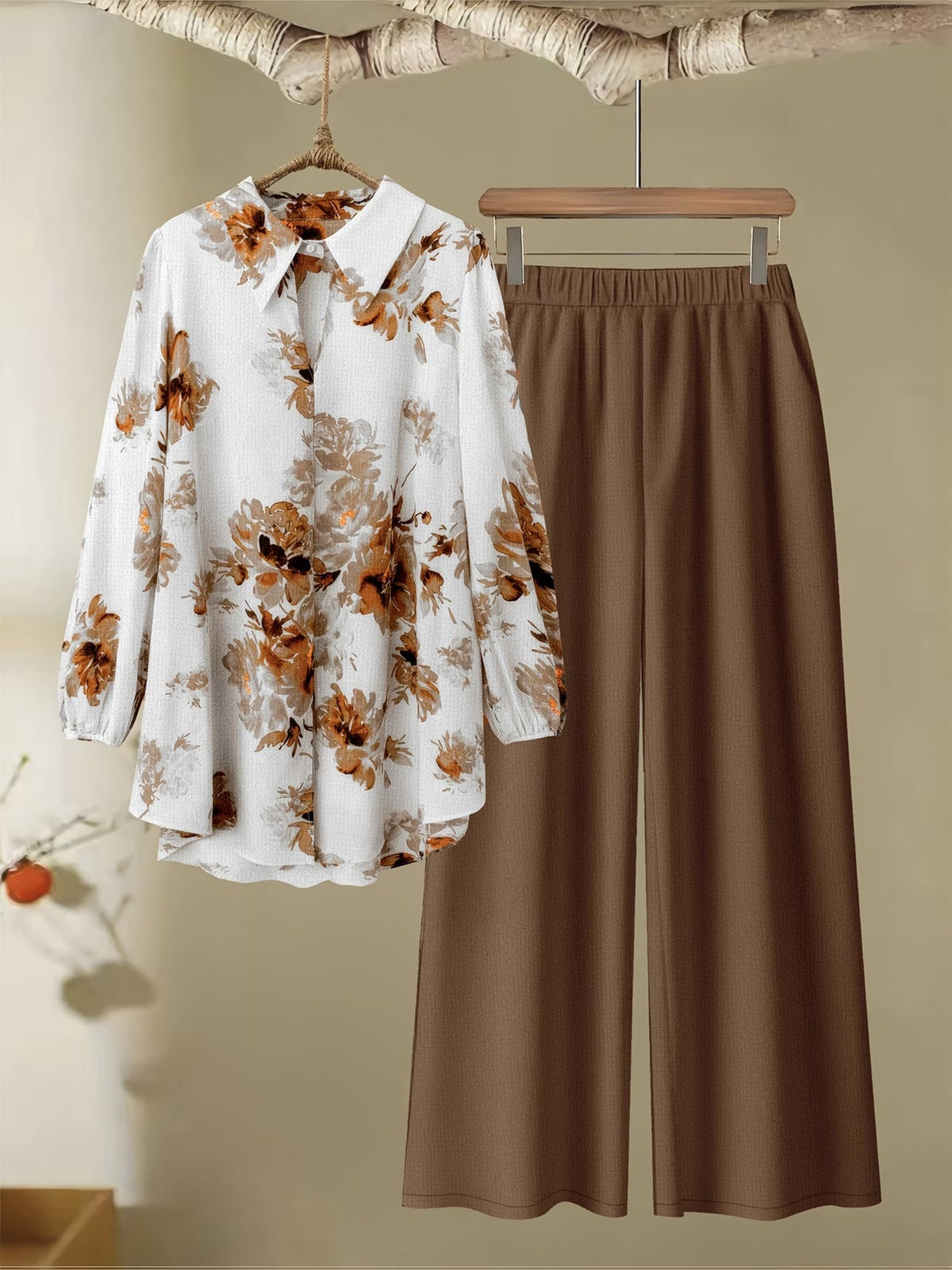Women's Floral Color-Block Blouse &amp; Relaxed Trousers Co-Ord Set