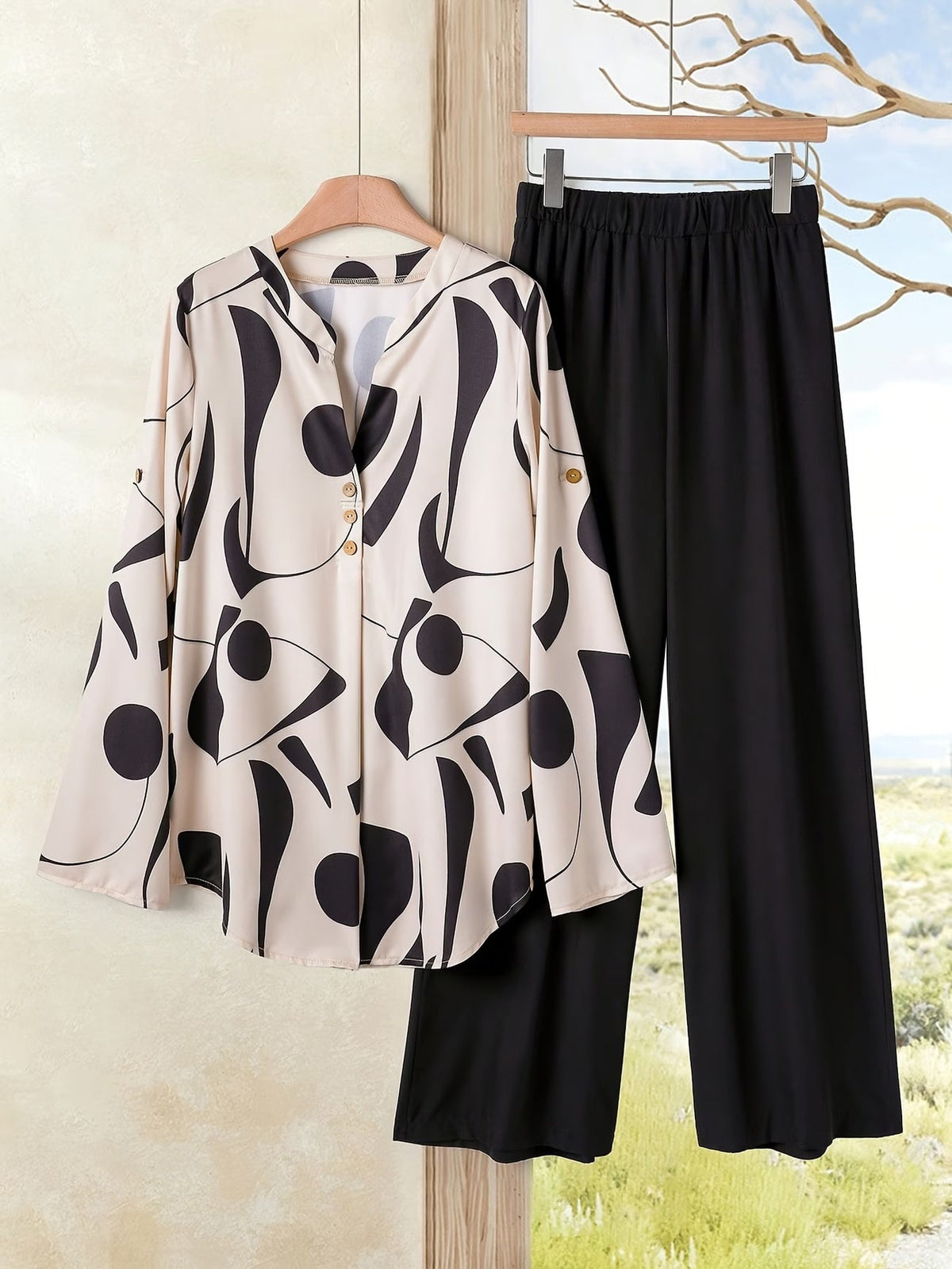 Women's Floral Color-Block Blouse &amp; Relaxed Trousers Co-Ord Set