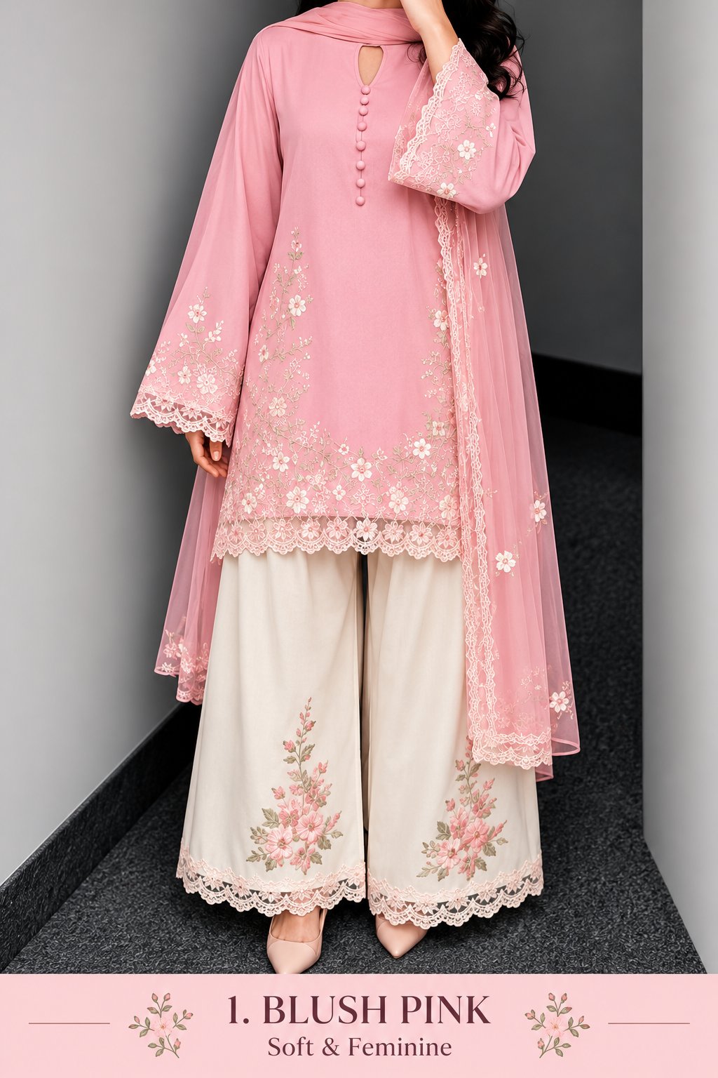 Floral Lace Work Kurta, Palazzo &amp; Dupatta