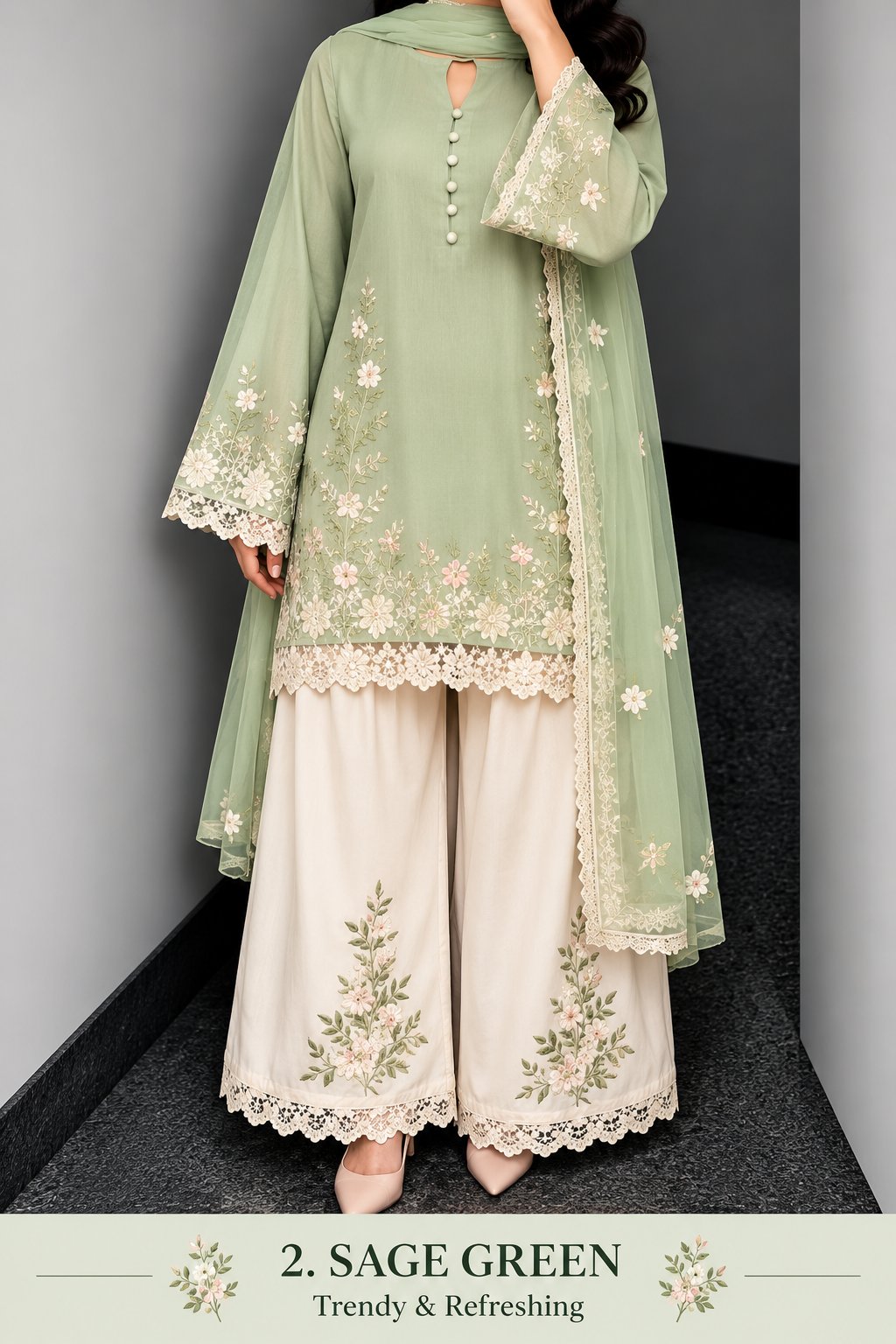 Floral Lace Work Kurta, Palazzo &amp; Dupatta