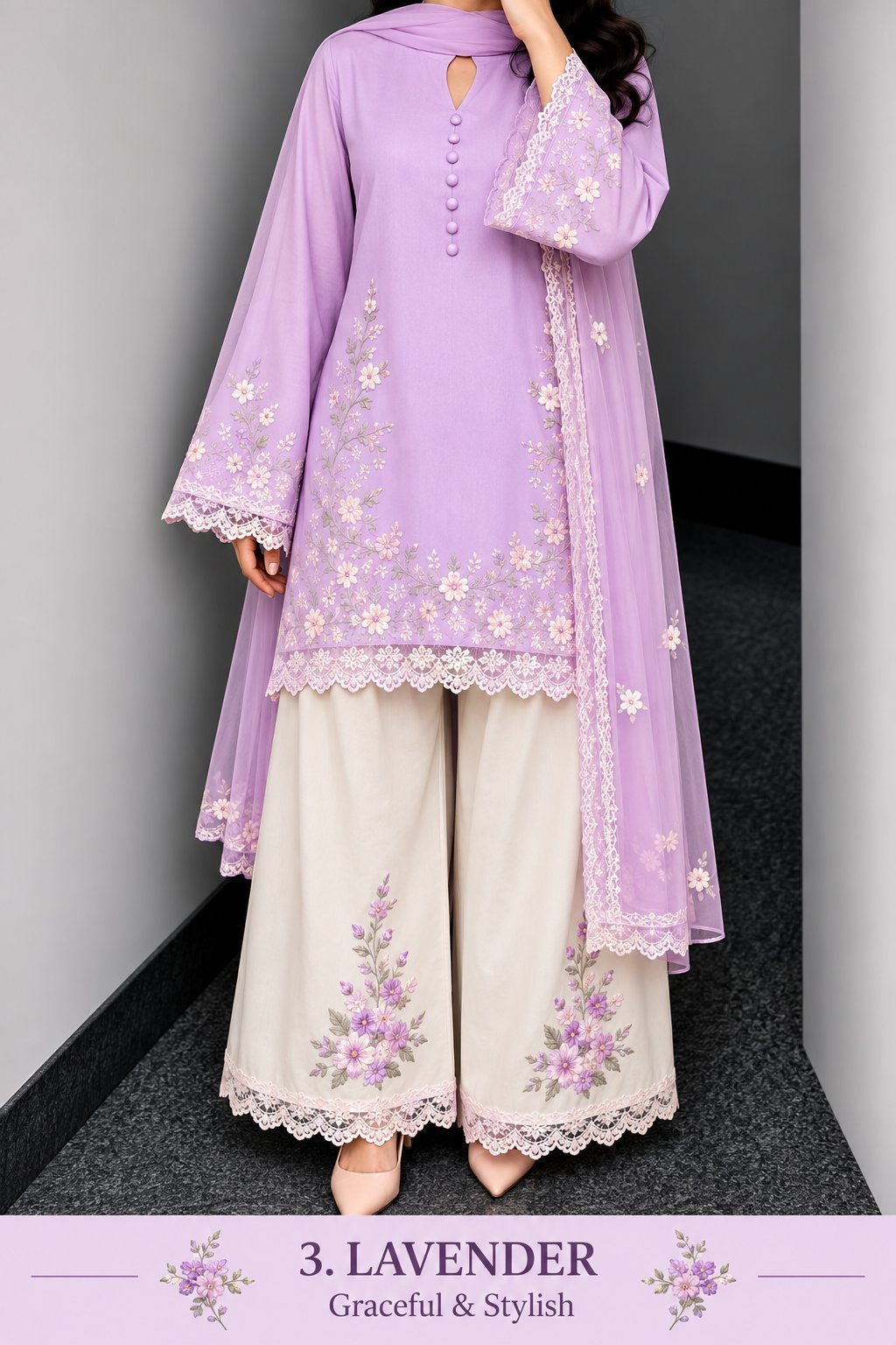 Floral Lace Work Kurta, Palazzo &amp; Dupatta