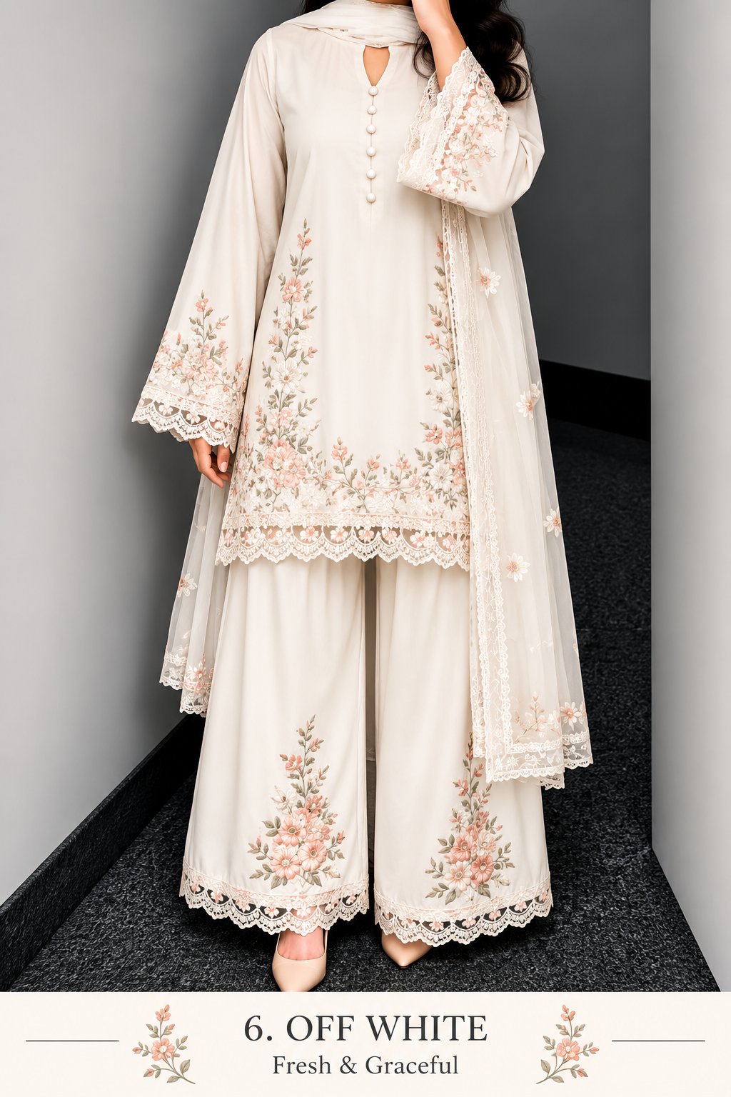 Floral Lace Work Kurta, Palazzo &amp; Dupatta