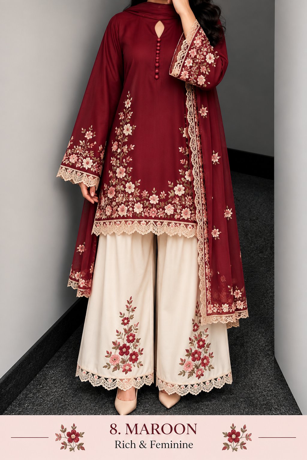 Floral Lace Work Kurta, Palazzo &amp; Dupatta