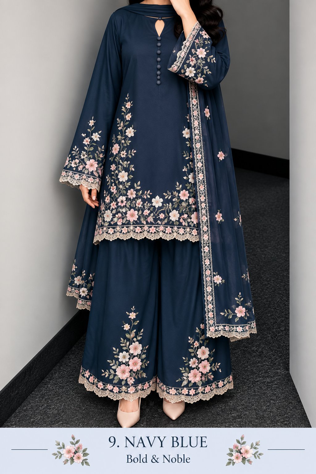 Floral Lace Work Kurta, Palazzo &amp; Dupatta