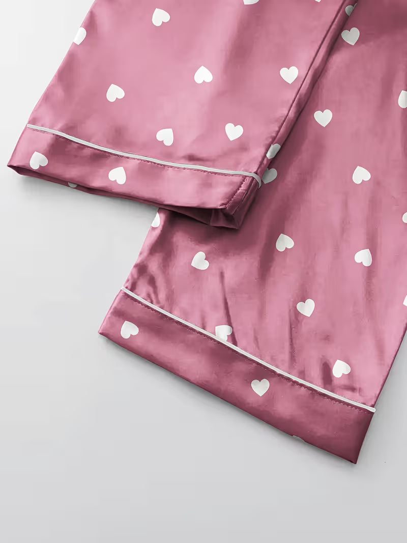 Women's Satin Heart Print Pajama Set – Short Sleeve Button-Up Sleepwear (Set of 3)